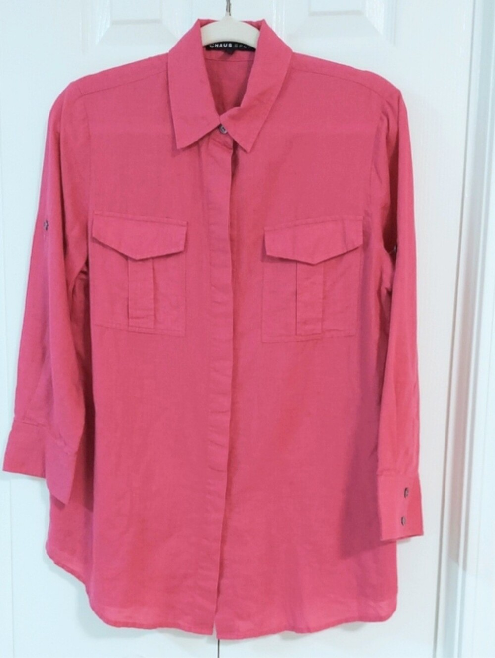 Chaus Sport Buttonfront Shirt, Size S, Linen, Fuschia, Button Cuffs